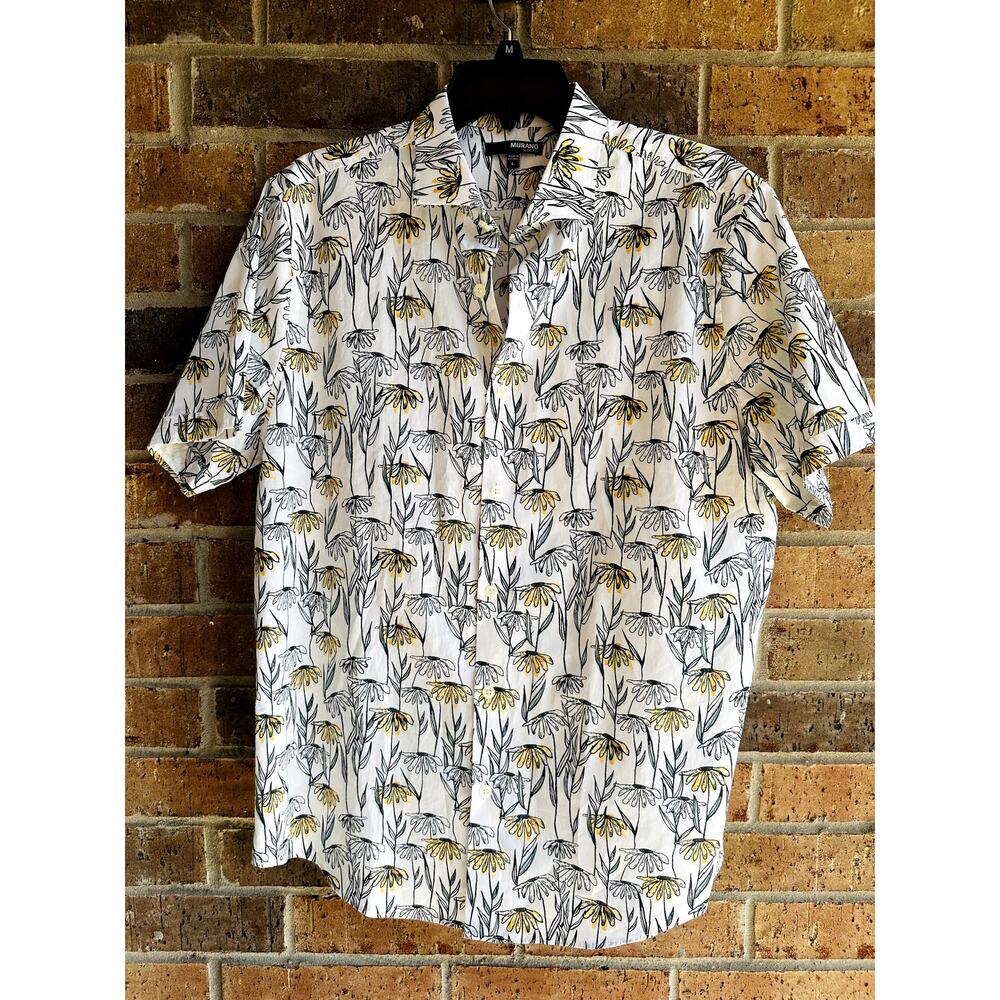 Murano Men's White Floral Slim Fit Short Sleeve Button Down Shirts Sz Large NWT
